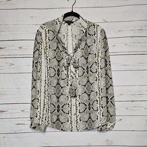 J. Crew Olive Green and White Snake Print Tie Neck Blouse